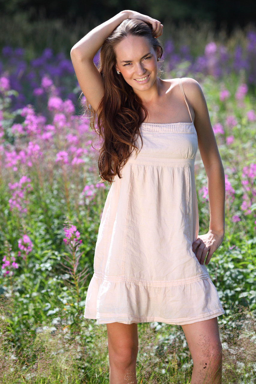 Brunette beauty Milana F flaunts her amazing boobs in a lavender field foto porno #427420452