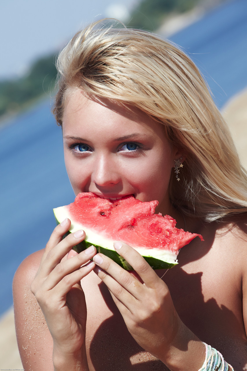 Golden-haired girlfriend Lada poses naked and eats a watermelon on the beach zdjęcie porno #426018999 | Errotica Archives Pics, Lada, Beach, mobilne porno