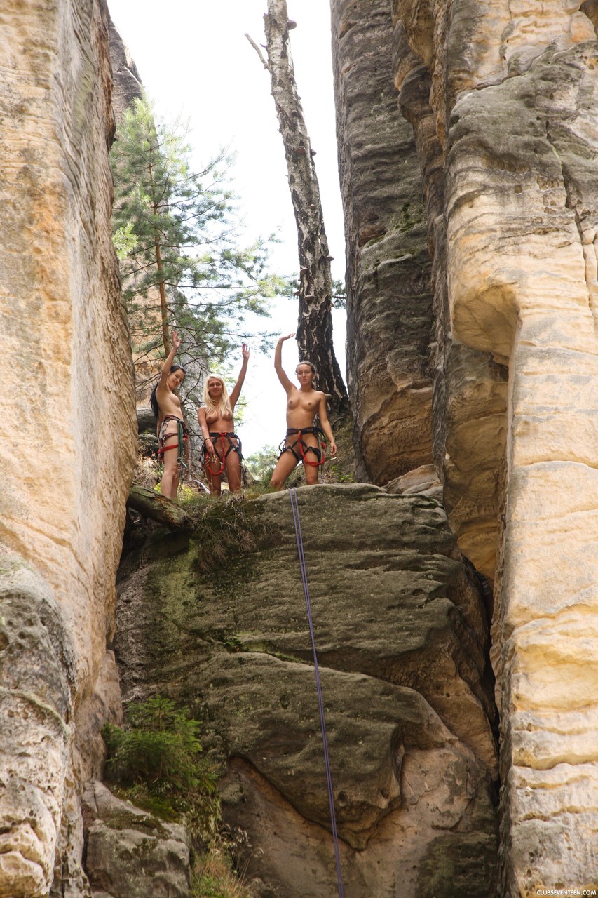 Cute adventurers Sara J, Nessy & Ester B go topless while climbing a mountain foto porno #424108326