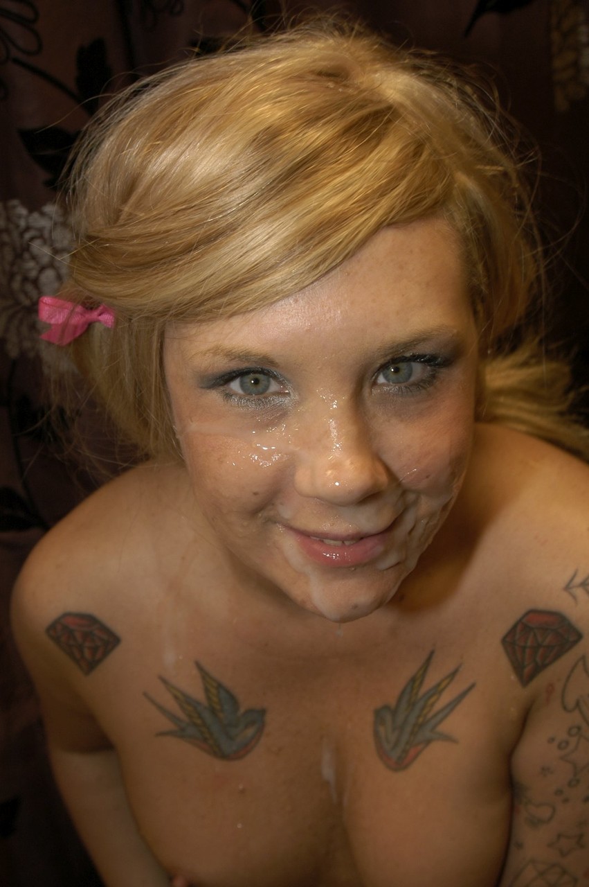 Blonde British babe with hot tattoos Mandy Cinn enjoys thick bukakke facials porn photo #422709420