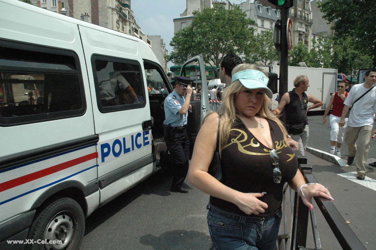 Blonde BBW Leah Jayne exposes her big natural tits in public during a riot porn photo #425155102