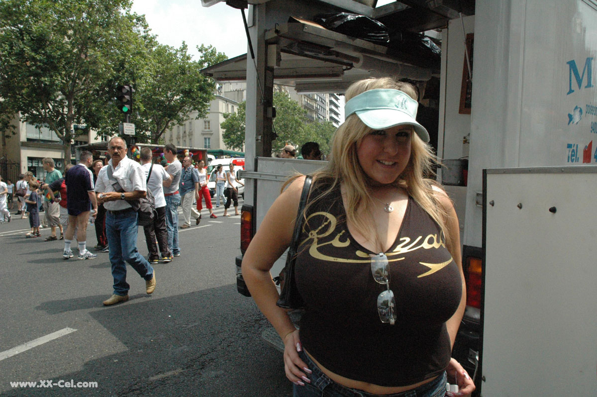 Blonde BBW Leah Jayne exposes her big natural tits in public during a riot porn photo #425155103