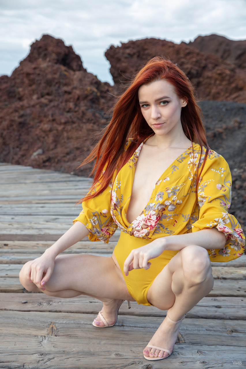 Redheaded teen babe Sherice gets rid of her yellow outfit and poses nude foto porno #425408519