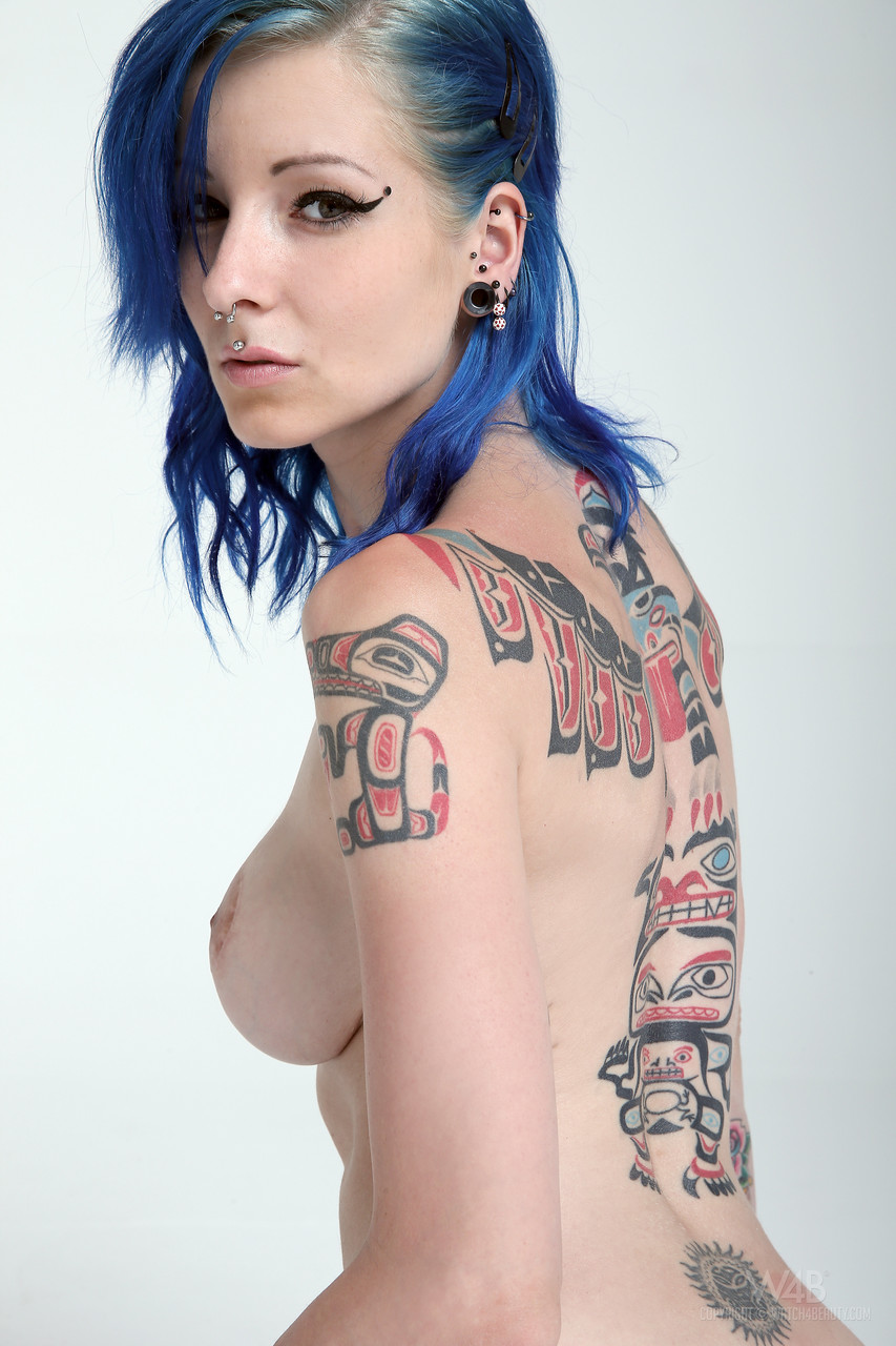 Teen With Blue Hair Exposes Her Slender Body Big Tits And Hot Tattoos