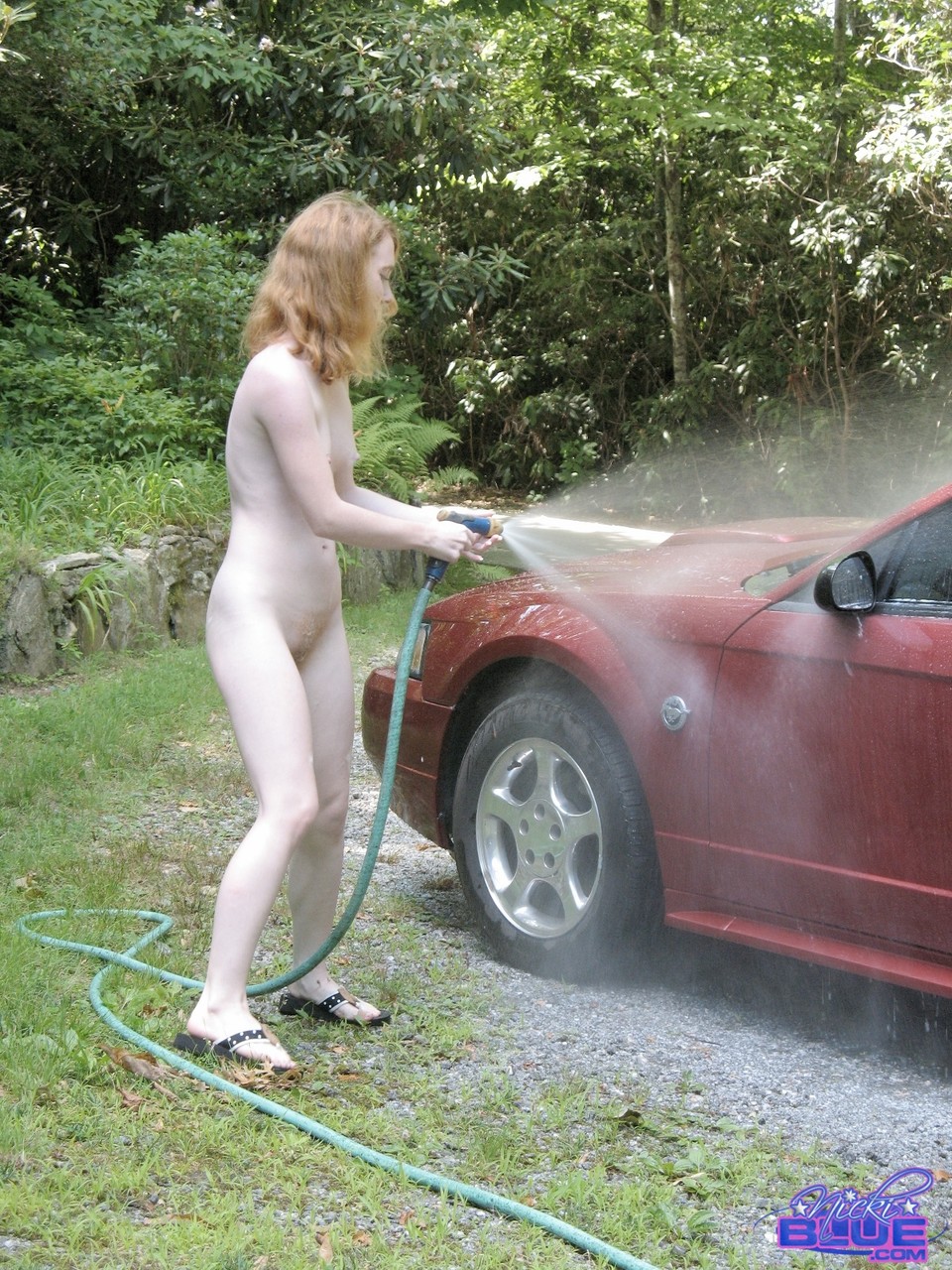 Amateur teen Nicki Blue unveils her tiny tits & hot muff while washing the car