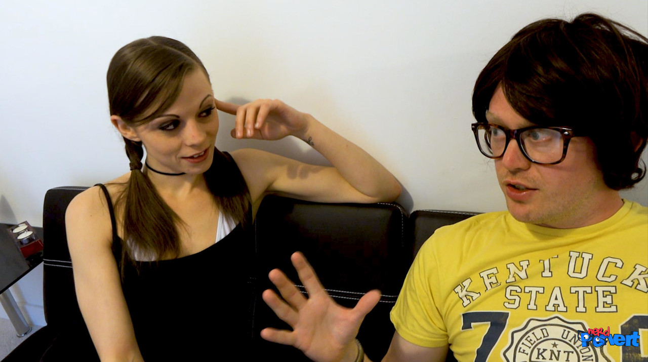 Adult brunettes giving finger-fuckeds and licking them on the back of their pants by a nerd.