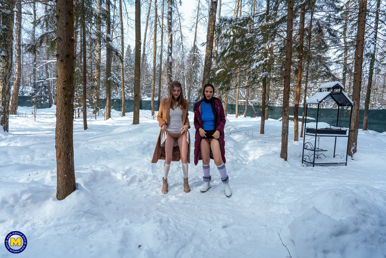 Playful Russian hotties Amanda Clarke & Isadora flash their cunts in the snow photo porno #428899850