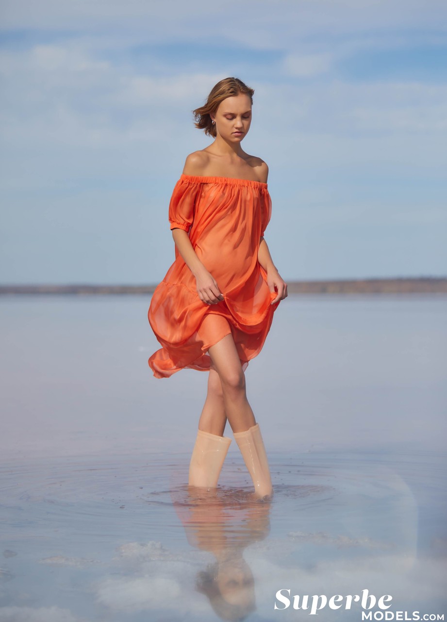 Adorable teen Hannah Ray doffs her see-through dress and poses on the beach foto porno #424011536