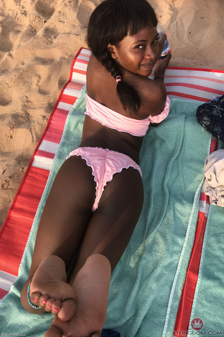 Petite ebony Noemie Bilas exposing her tits, pussy and feet in a solo porno foto #423892557