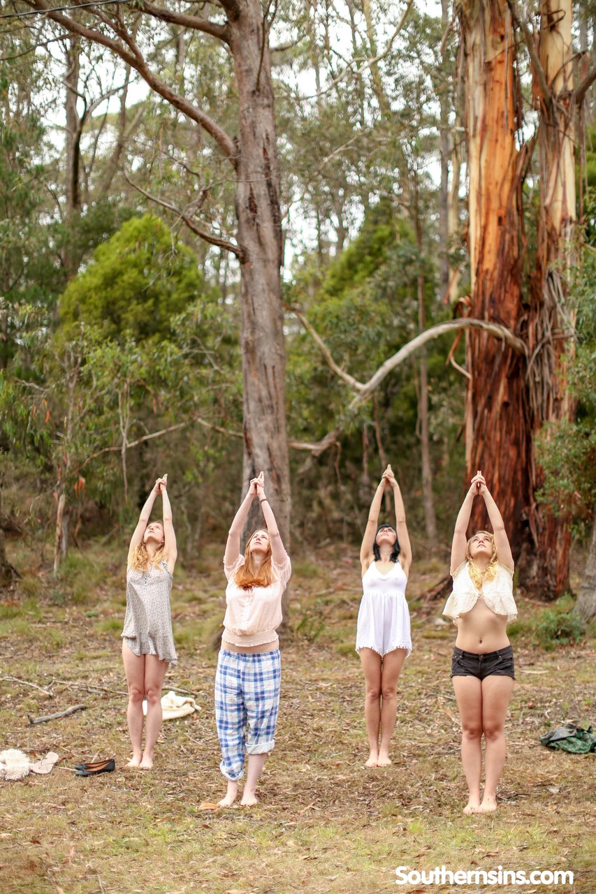 Gorgeous Australian girls practicing yoga in their hot outfits in nature porn photo #423874892
