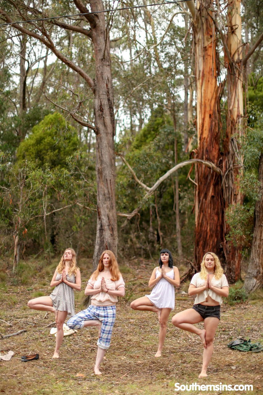 Gorgeous Australian girls practicing yoga in their hot outfits in nature porn photo #422997472