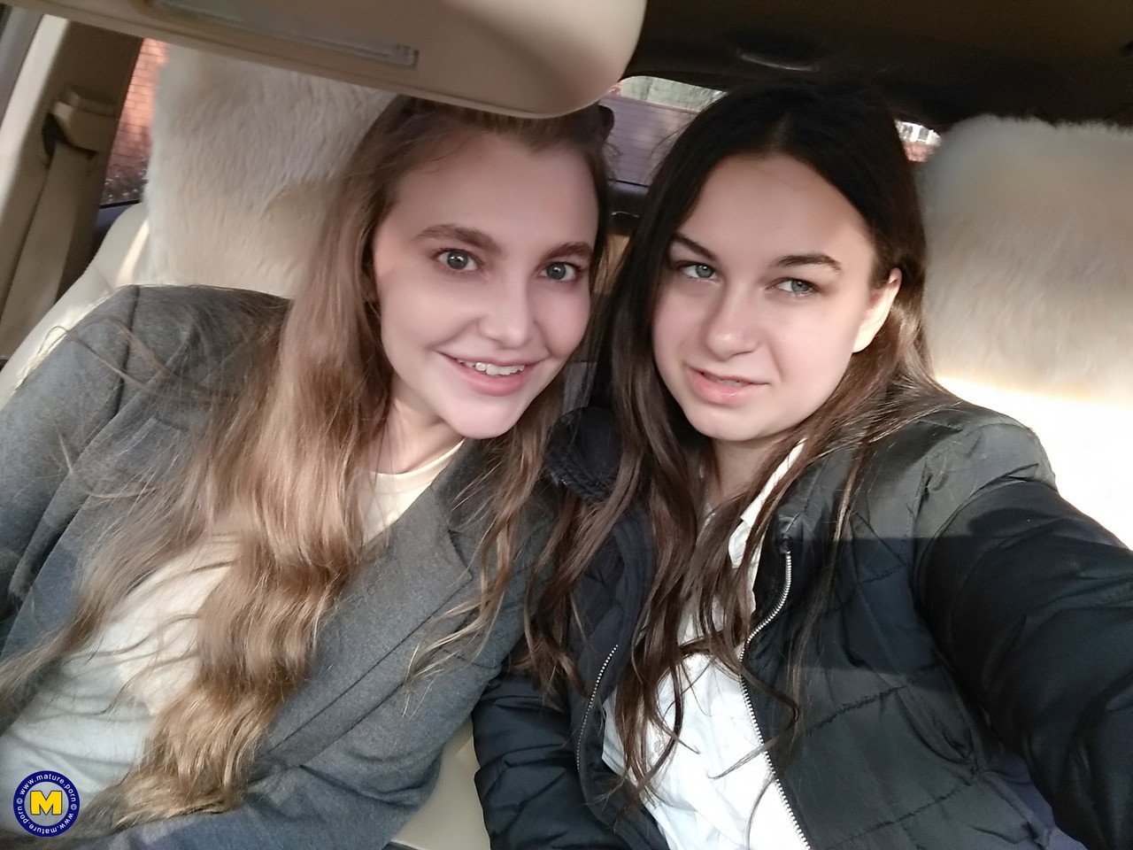 Long haired European lovers take a selfie in the car before lesbian sex action 포르노 사진 #427416581