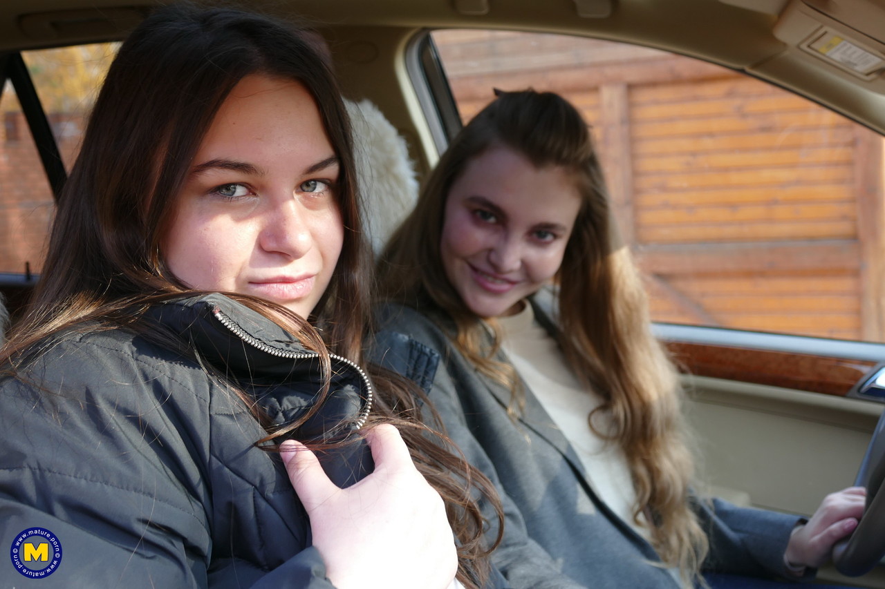 Long haired European lovers take a selfie in the car before lesbian sex action porn photo #427416769