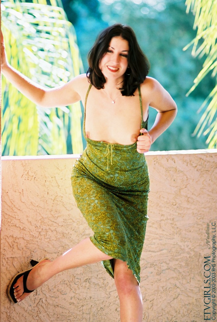 Long-legged Nadine flashes her tits & holes as she poses in a long green dress ポルノ写真 #428895578