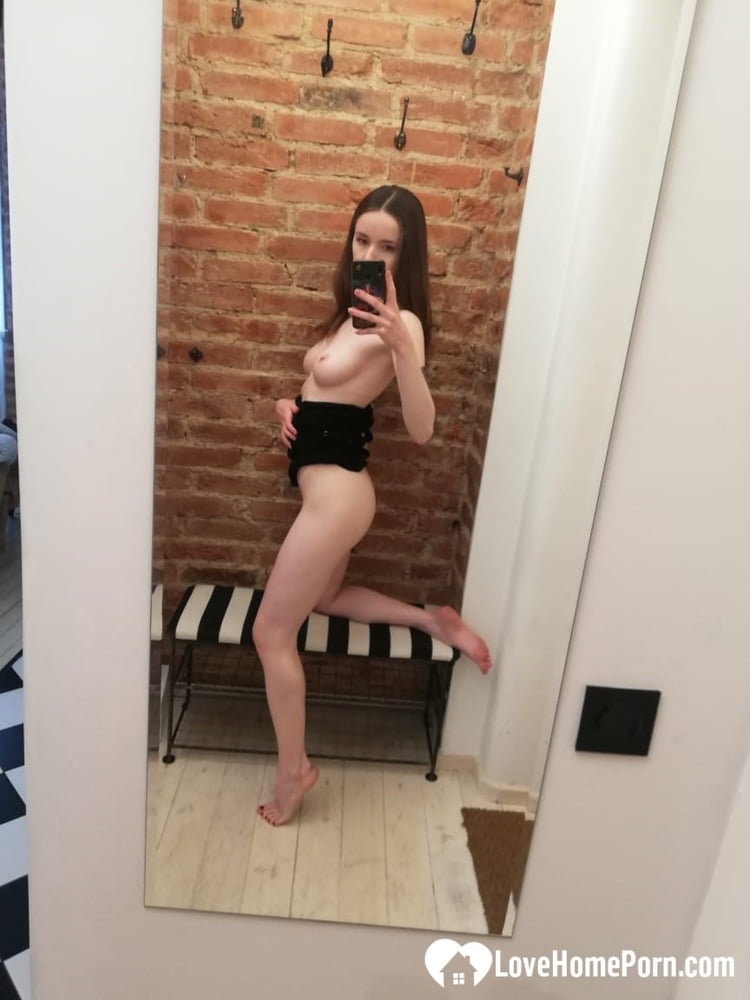 Short brunette takes selfies while stripping & posing sexily in the mirror ポルノ写真 #428070753