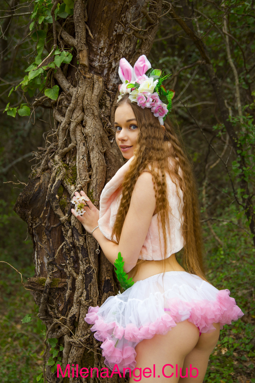 Lost Easter bunny cosplayer Milena Angel strips in the forest & masturbates foto porno #423076449