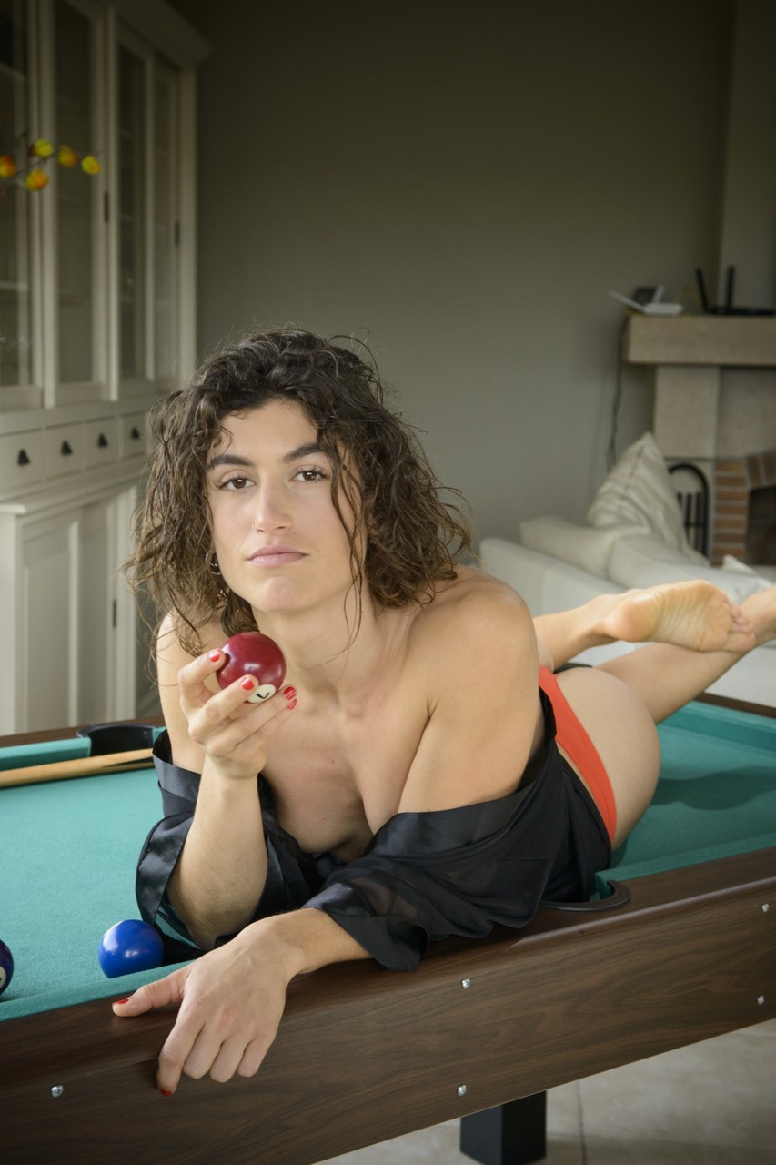Spanish hotties Amber Nevada & Julia Roca pose topless on the pool table porn photo #427026036