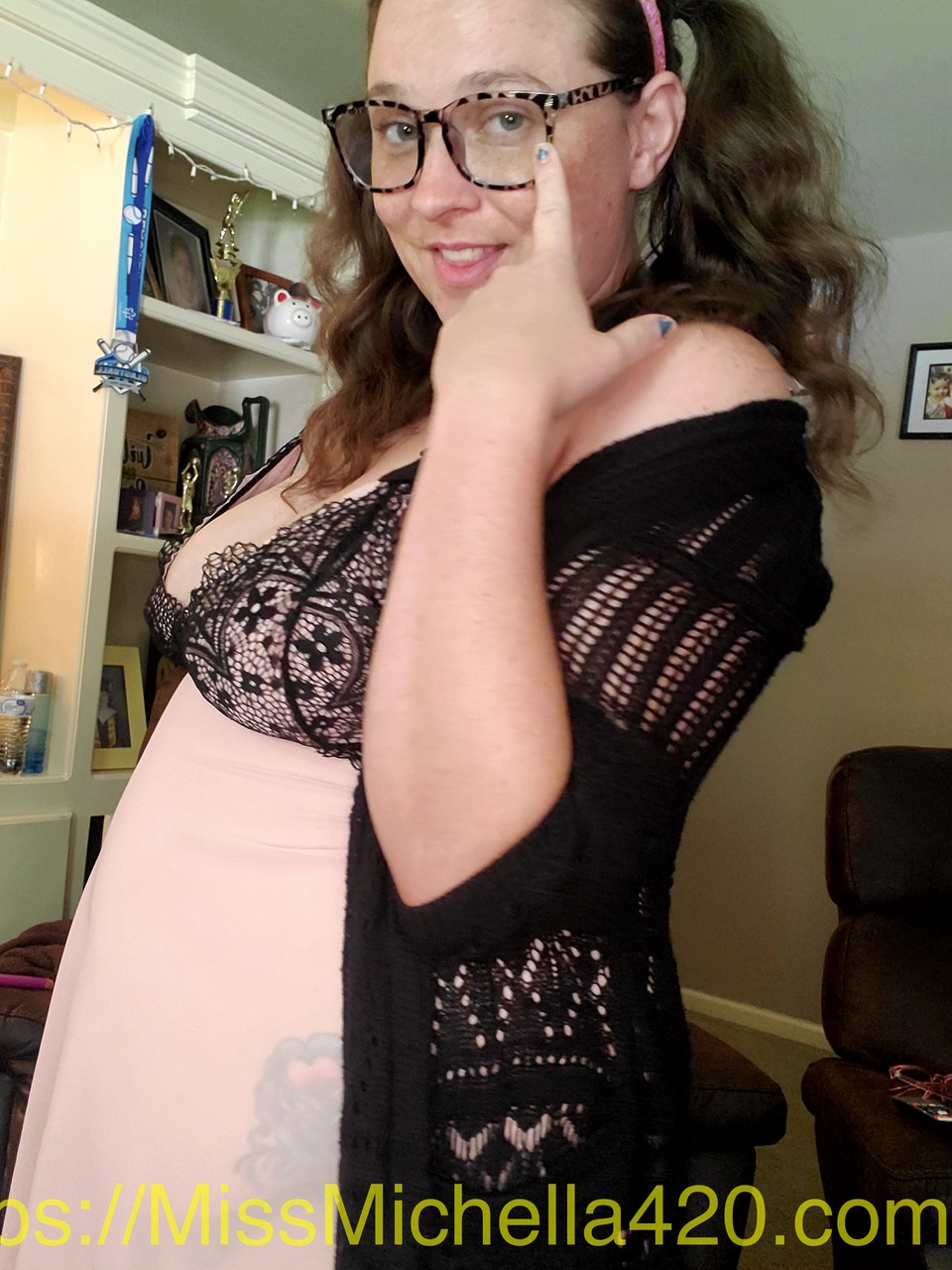 Nerdy amateur in glasses Michella Marijuana teases with her deep cleavage porn photo #425561005