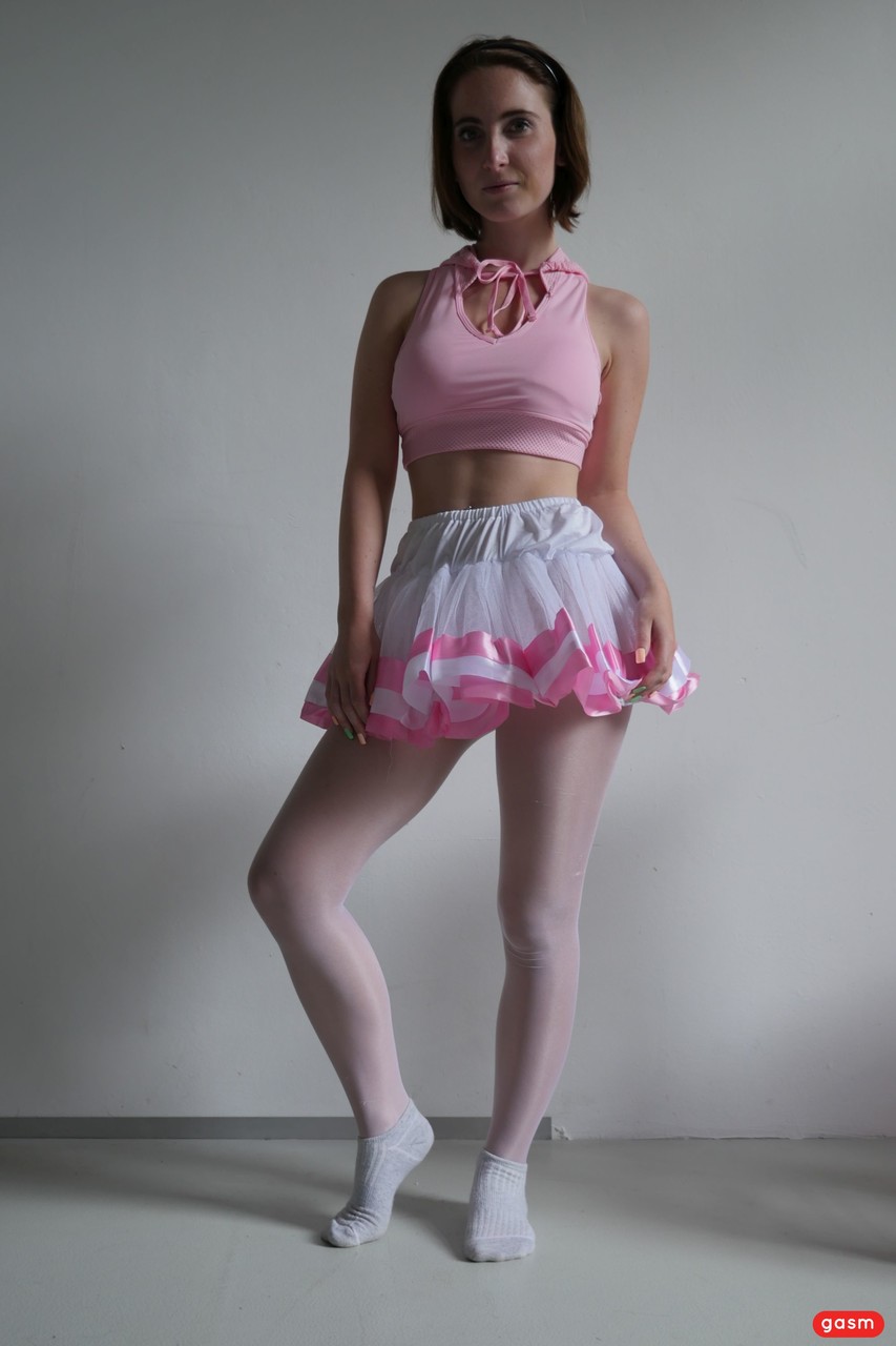 The brunette ballerina, Lia Louise, teases her tutu and sucks into her dance instructor.