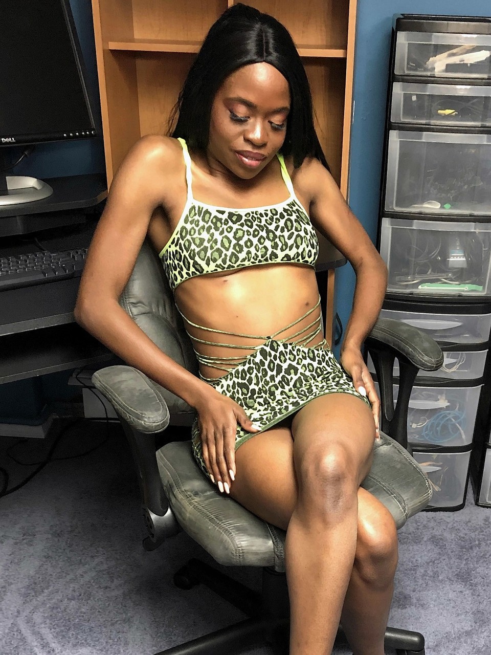Skinny Ebony Milf Melody Cummings Kneels Down Sucks A White Dick At Work
