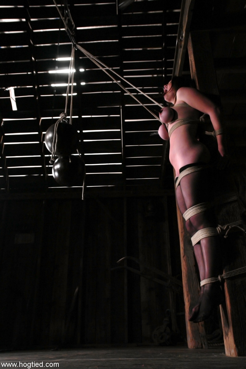 The big tits of Sara Scott are pinched and pulled while she is tied up as a brunette.
