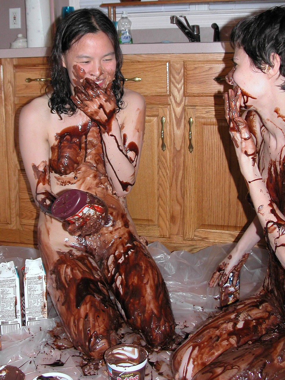 Playful Lesbians Colette Roxanne Cover Each Other's Bodies With A Chocolate