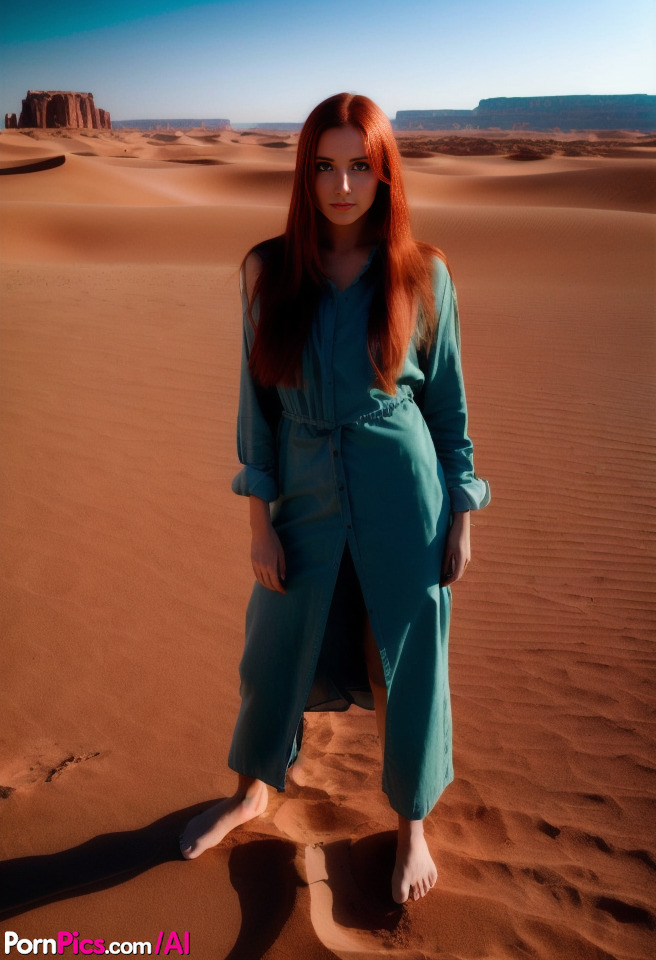 A naked and isolated redheaded model named Redhead Panter poses in the desert.
