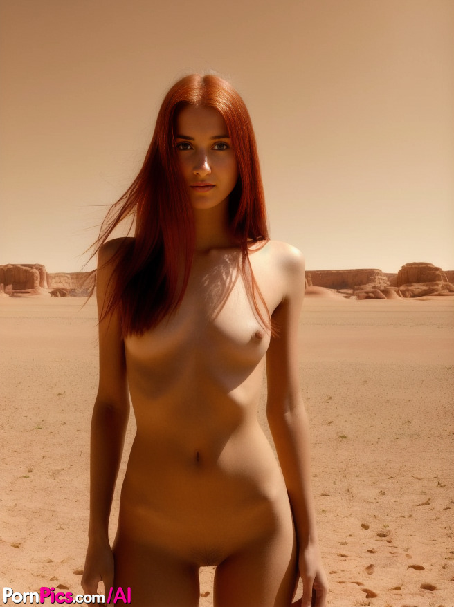Redhead Panter, the slim redheaded model, is pictured naked in the desert.