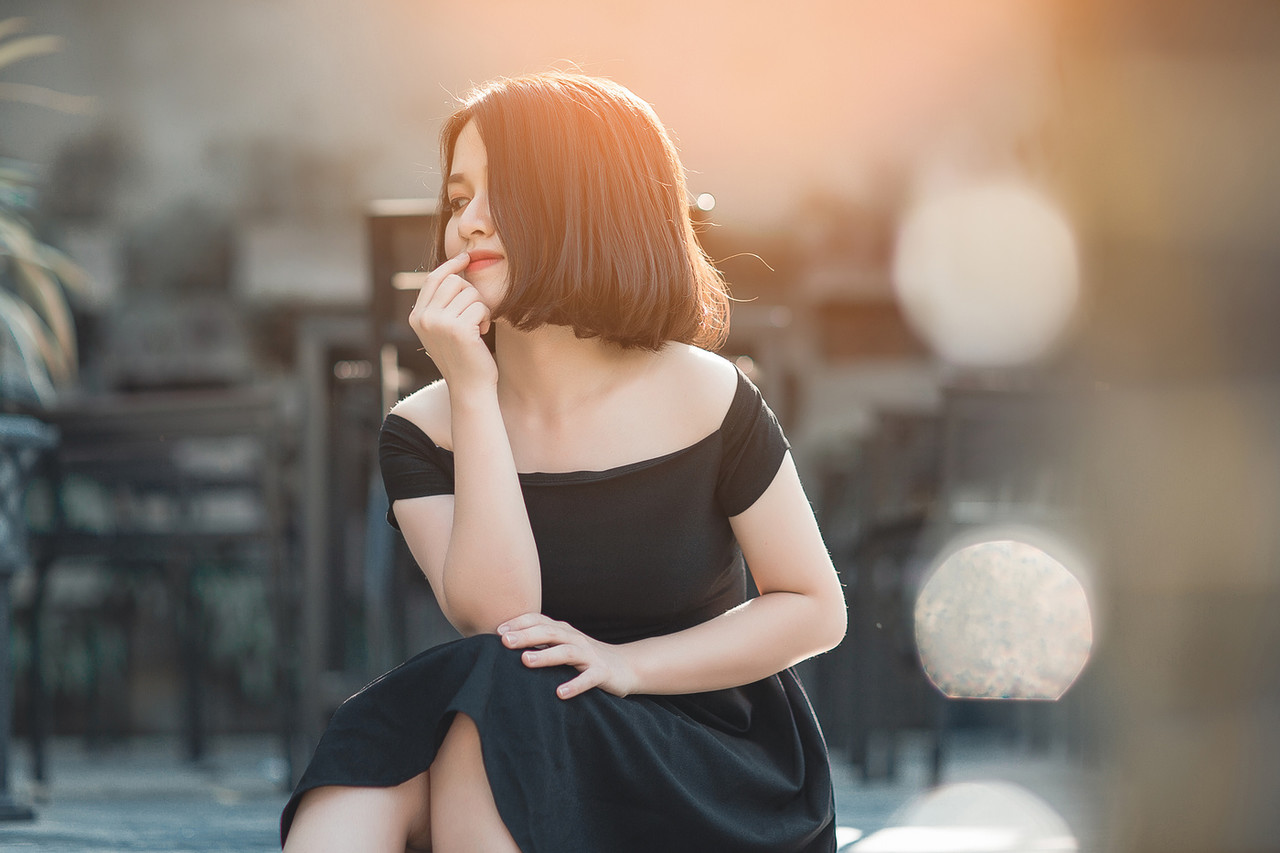 Glamorous Asian Babe Posing In Her Elegant Black Dress In Public