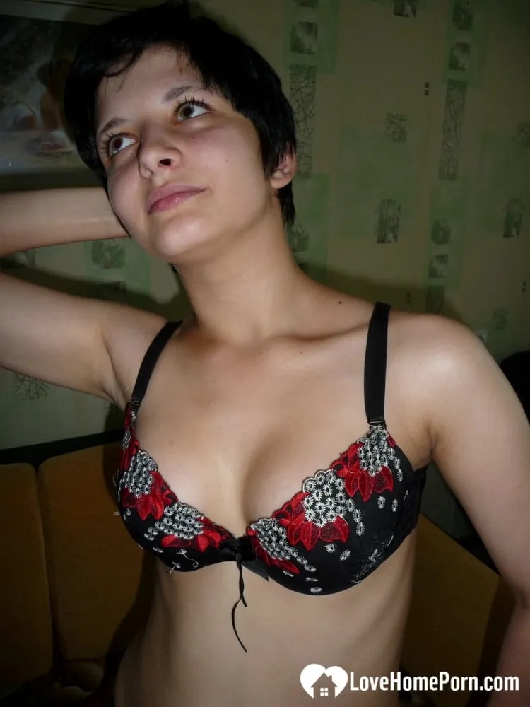 Short-haired babysitter shows her tiny tits & rubs her cunt to get the job
