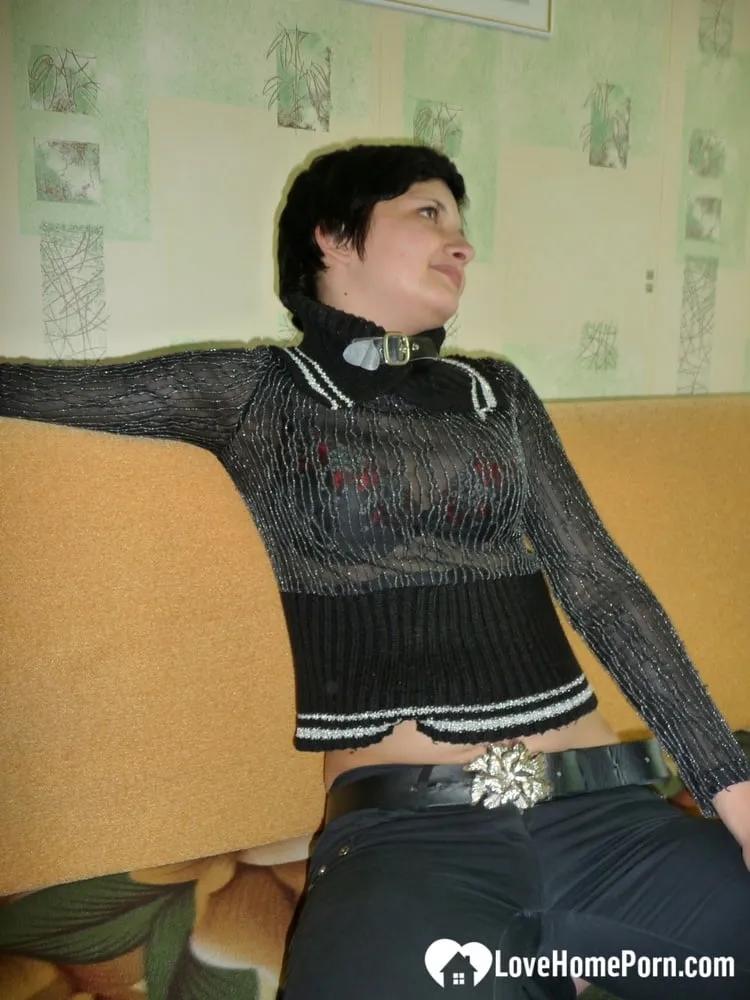 Short-haired babysitter shows her tiny tits & rubs her cunt to get the job