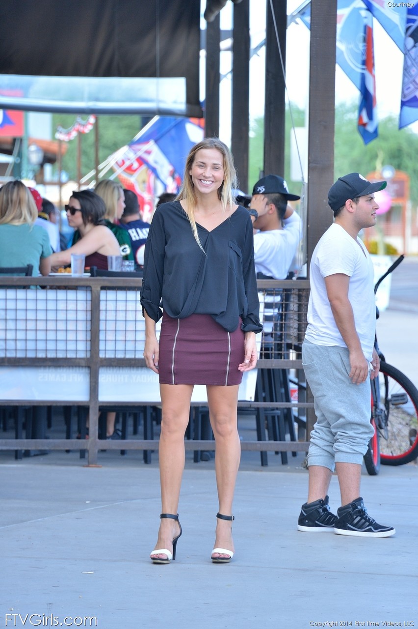 Glamorous blonde in a miniskirt Courtney flaunting her nice tits in public порно фото #425135137