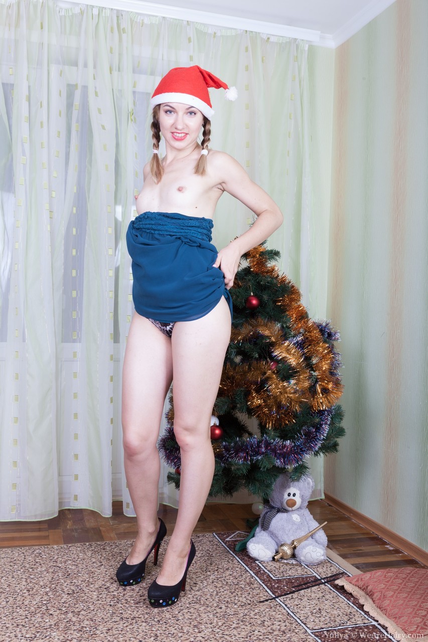 Amateur beauty with a Xmas hat Yuliya inserts a golden toy in her furry cooch porn photo #425627471
