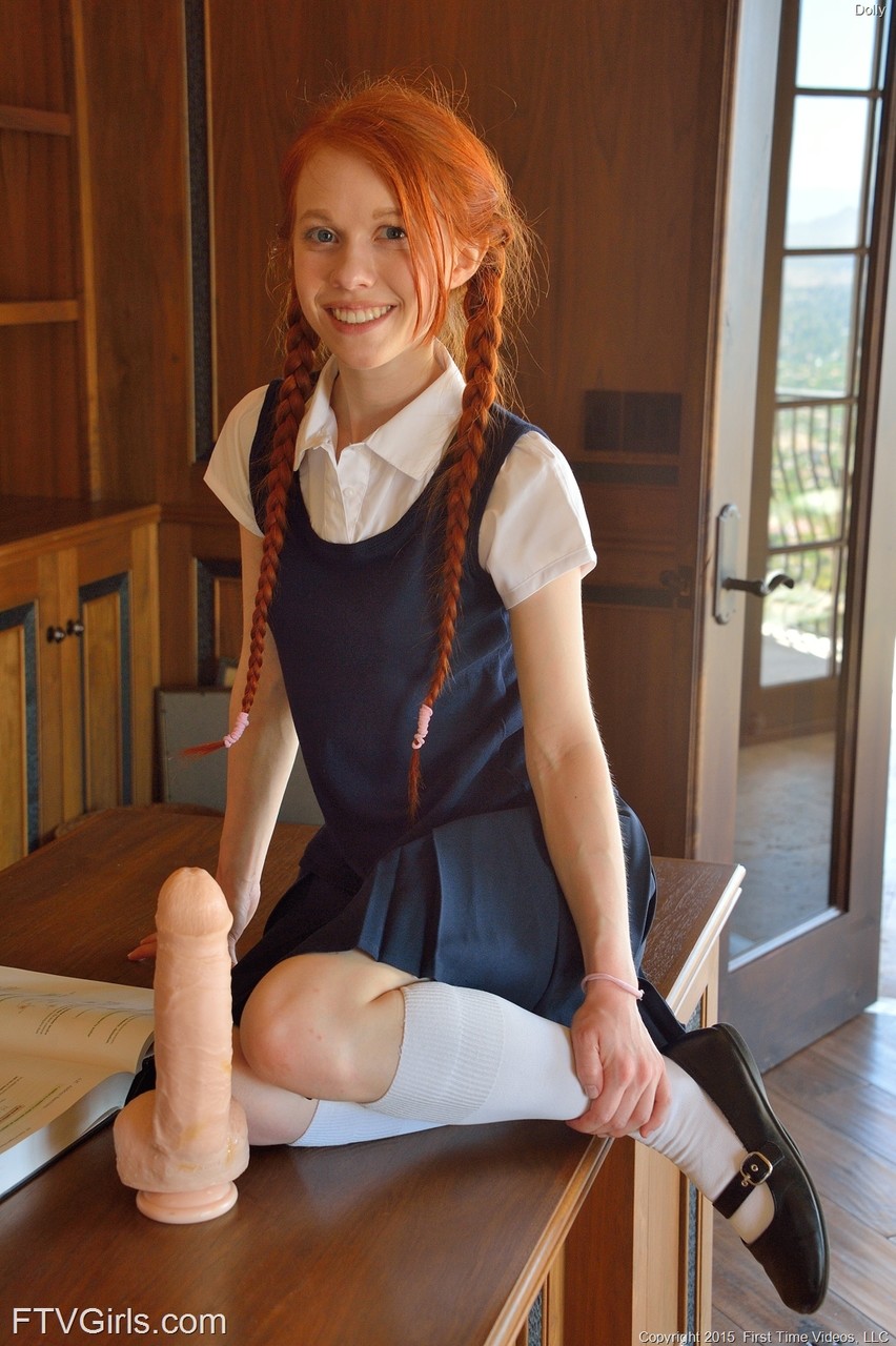 Ginger schoolgirl Dolly inserts a huge fake cock & Ben Wa balls into her pussy porno foto #425446502