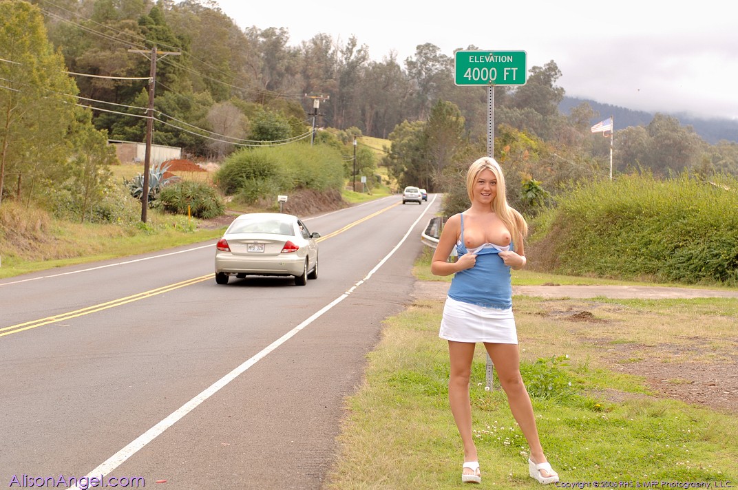 Playful blonde babe Alison flashing her big boobs & an upskirt by the road zdjęcie porno #423794956