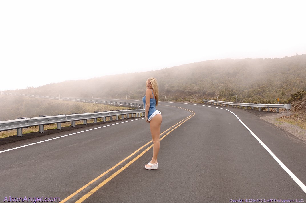 Playful blonde babe Alison flashing her big boobs & an upskirt by the road porn photo #423794978