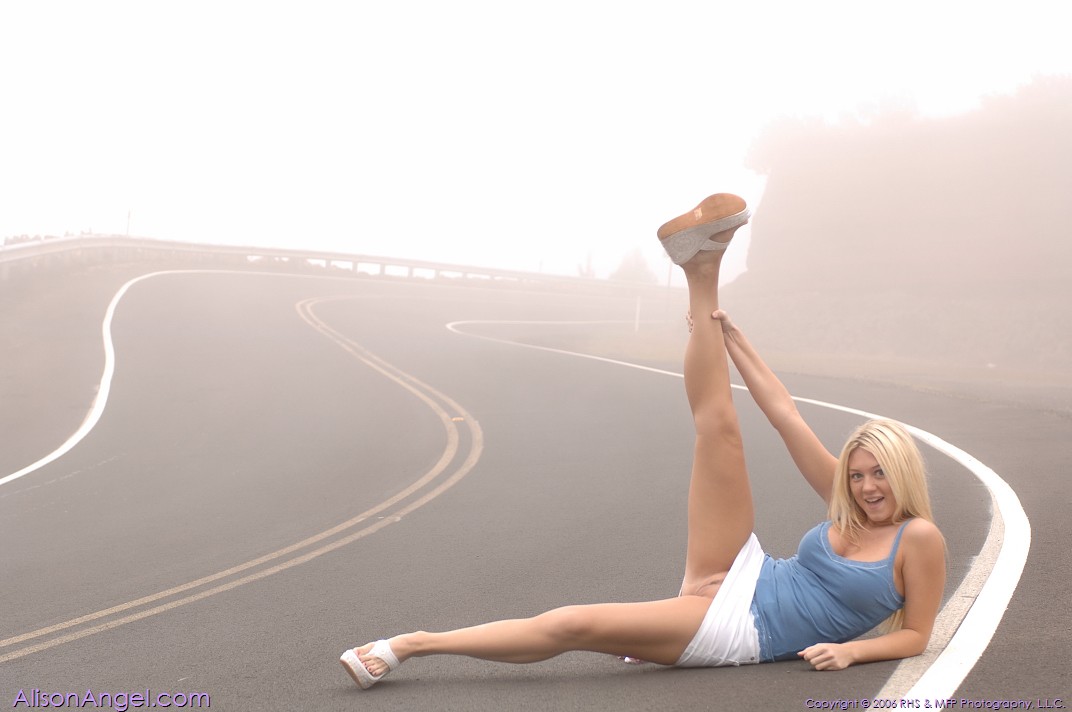 Playful blonde babe Alison flashing her big boobs & an upskirt by the road foto porno #423794984