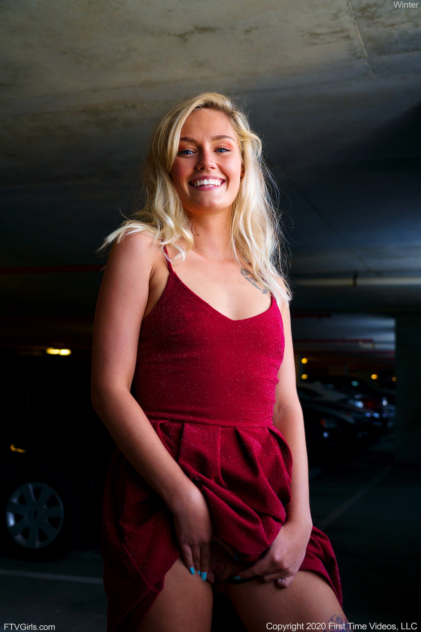 Adorable amateur Winter flashing her tiny tits & twat in the parking garage porn photo #427760901