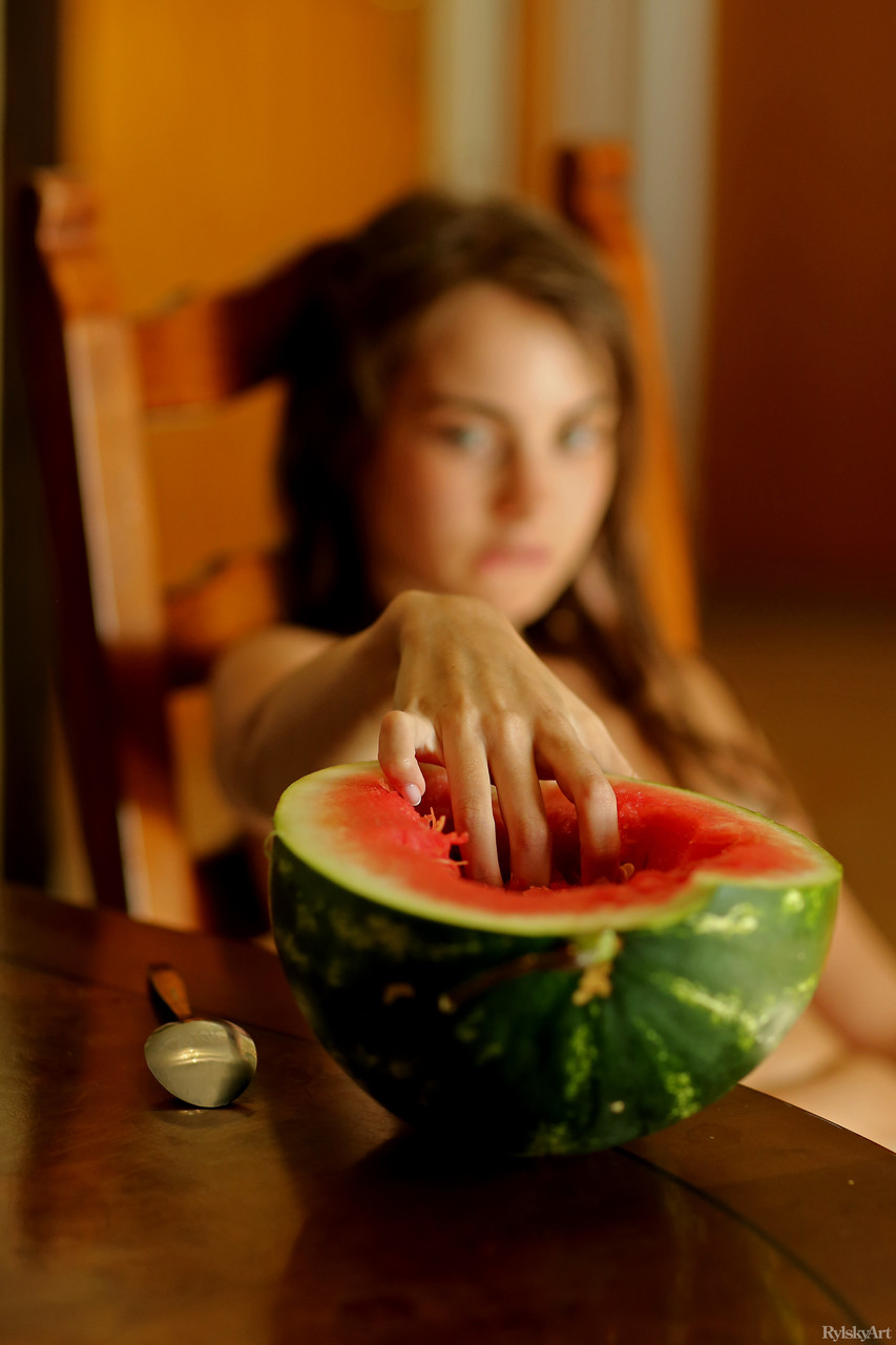 Wet teen Sofy Bee eating watermelon and showing off her tight holes foto porno #427154294