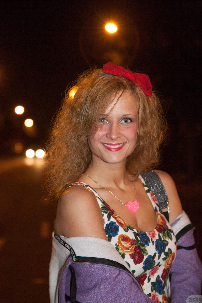 Curly haired teen Alice Wonder flashes her undies and poses in public at night foto porno #424679509