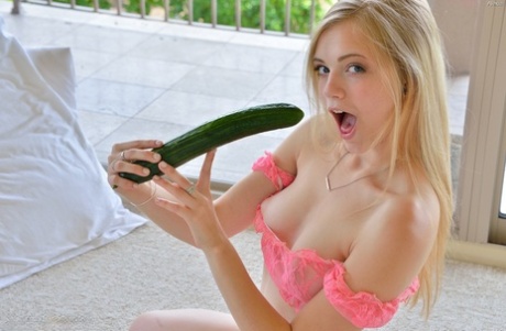Horny Blonde Girl Toys With Fruits And Vegetables To Appease Her Wet Pussy