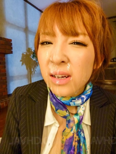 Japanese Redhead Hikaru Shiina Receives Facial Cumshots During A Blowbang