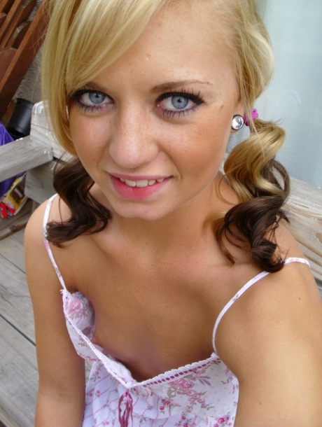 Cute blonde Tiff in pigtails showing off her wee small tits & tiny bald pussy