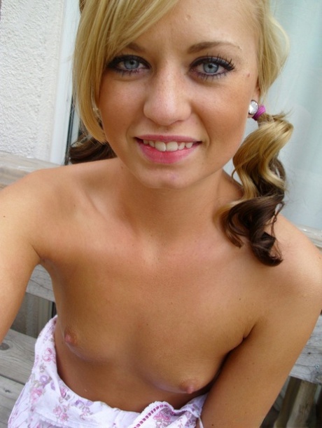 Cute blonde Tiff in pigtails showing off her wee small tits & tiny bald pussy