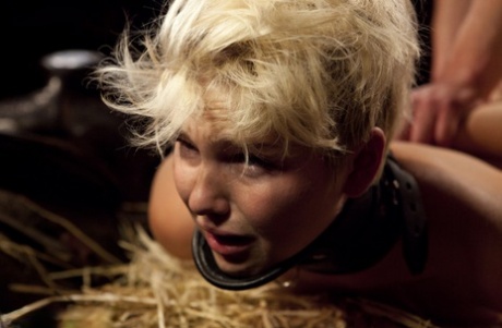 Men and women perform sex acts on natural blonde slaves.