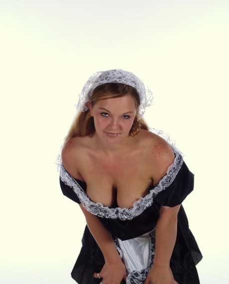 Before using a dilly, Jessica M discards her uniform as a young maid.