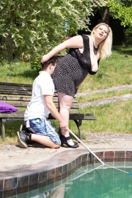 Obese Blonde Woman Sits On The Pool Boy's Face After Seducing Him