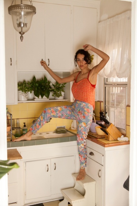 In the kitchen, the attractive brunette goes without clothes to exhibit her saggy tits.