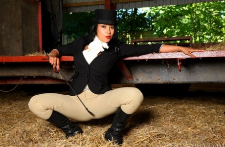 The hot MILF Danica Collins works at a farm without any riding gear.
