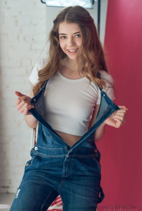 Cute Teen Kay J Drops Her Overalls And Strips Naked To Show Close Up Pussy
